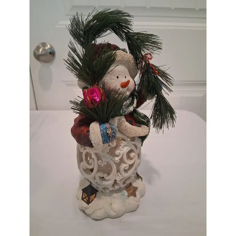 Light Up Resin Snowman Figurine Christmas Luminary Holiday Scrollwork Decoration
